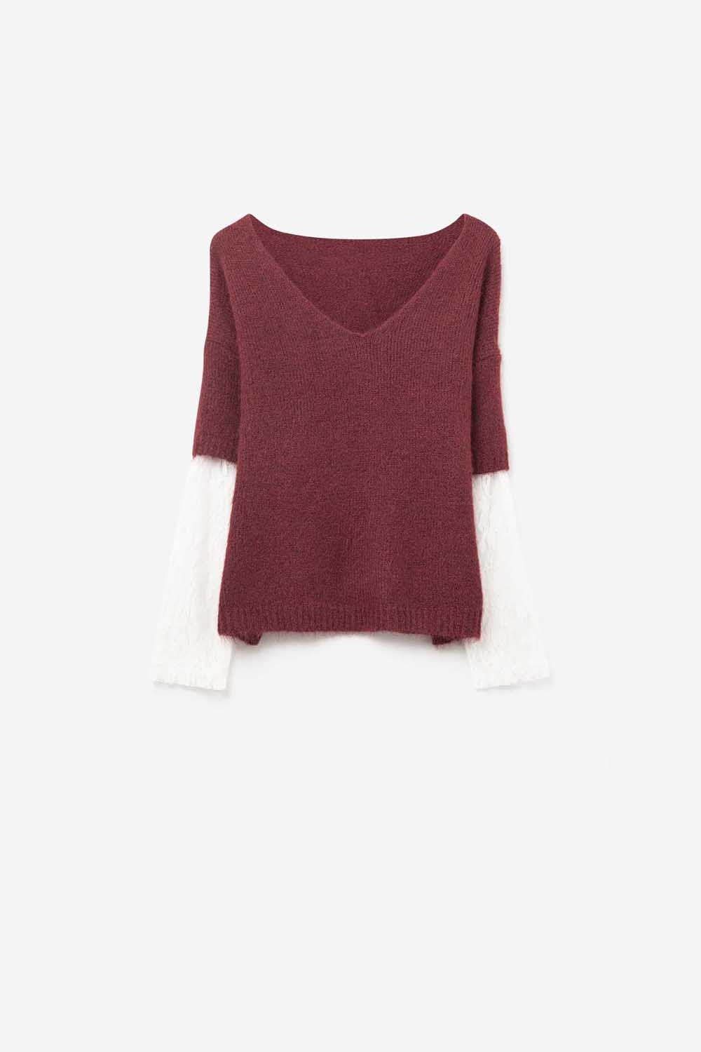 burgundy Contrast V-Neck Sweater with Contrasting White lace Sleeves - Sweaters