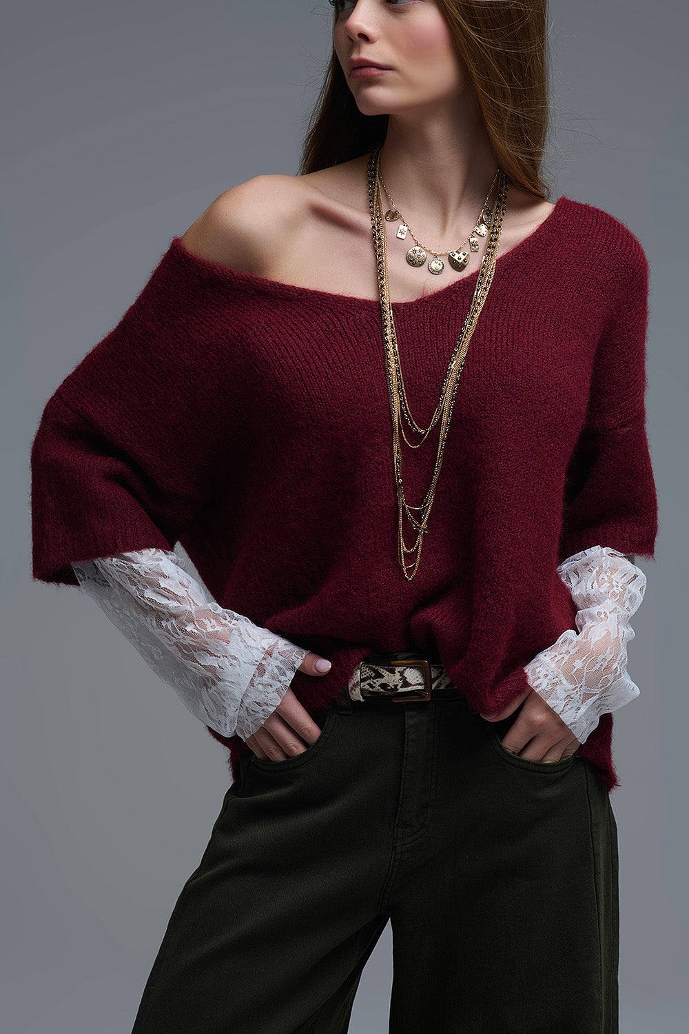 burgundy Contrast V-Neck Sweater with Contrasting White lace Sleeves - Sweaters