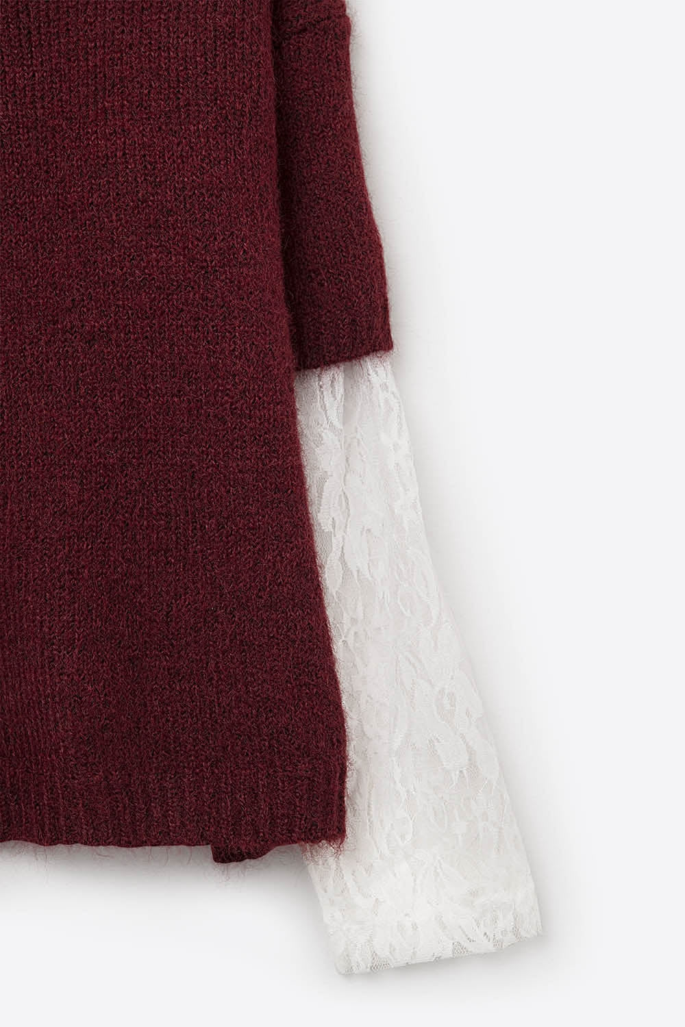 burgundy Contrast V-Neck Sweater with Contrasting White lace Sleeves - Sweaters