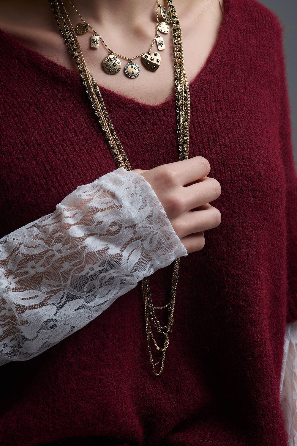 burgundy Contrast V-Neck Sweater with Contrasting White lace Sleeves - Sweaters