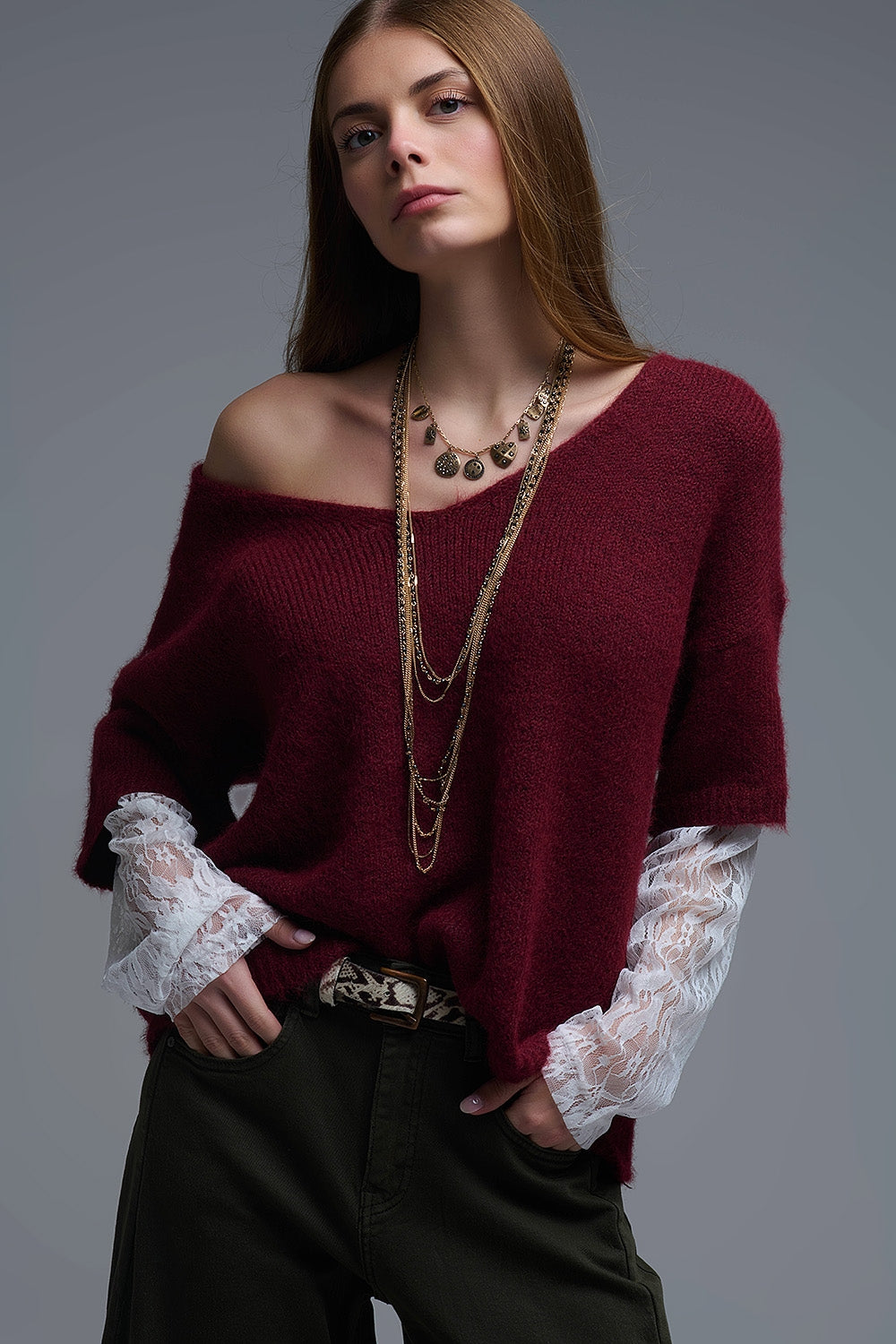 burgundy Contrast V-Neck Sweater with Contrasting White lace Sleeves - Sweaters