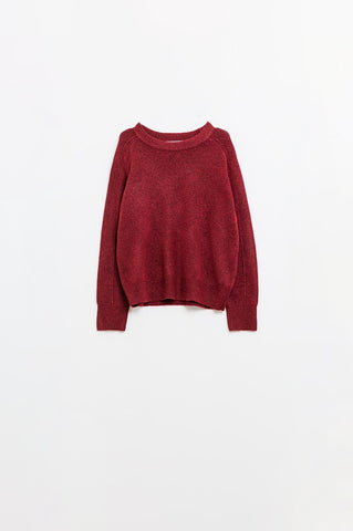 Burgundy crew neck sweater with seam detail on sleeve