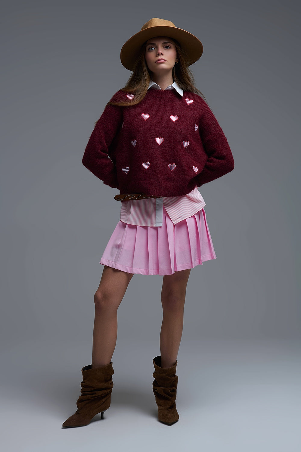 Burgundy Crew Neck Sweater With Striped Hearts - Sweaters