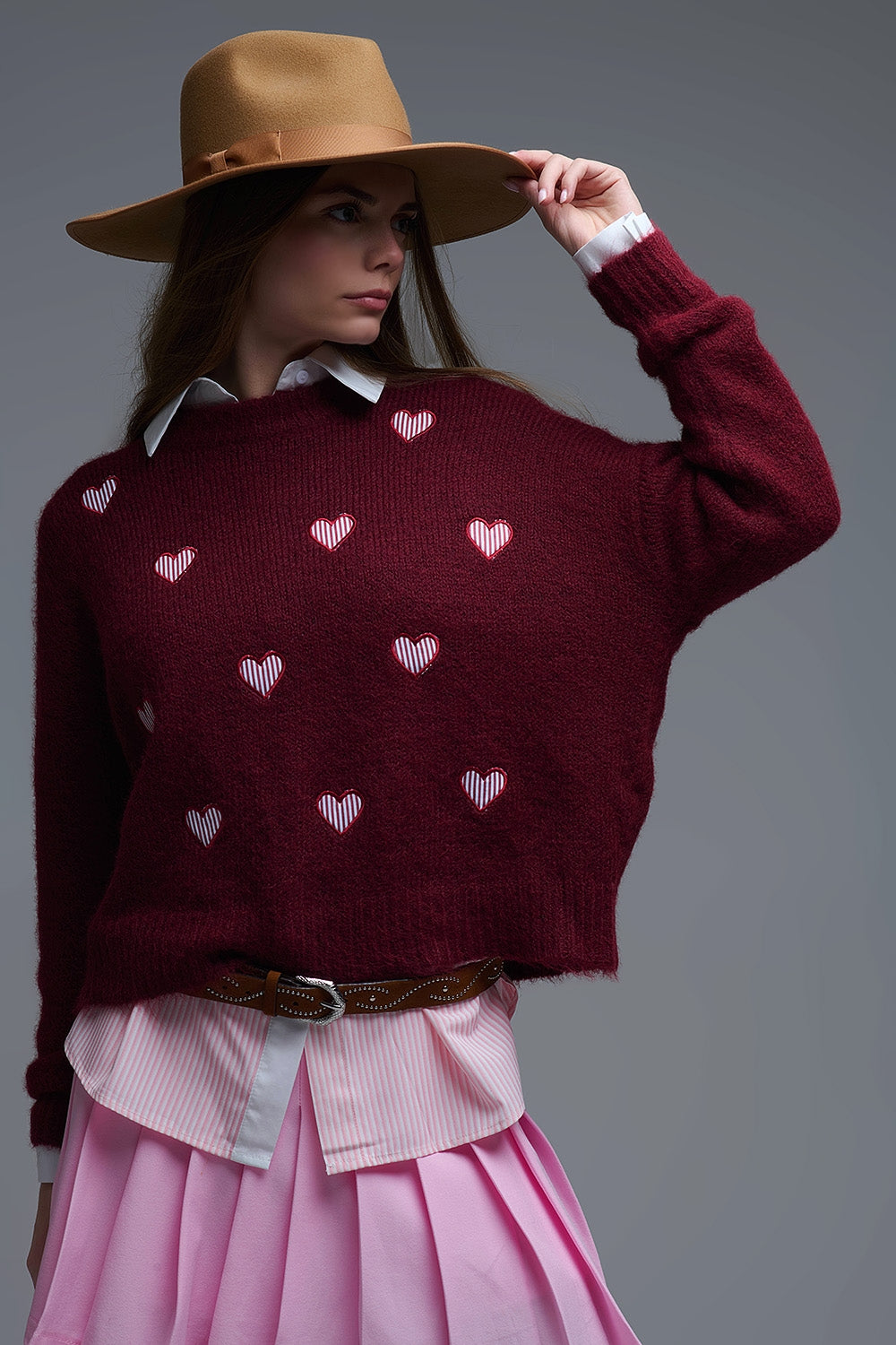 Burgundy Crew Neck Sweater With Striped Hearts - Sweaters