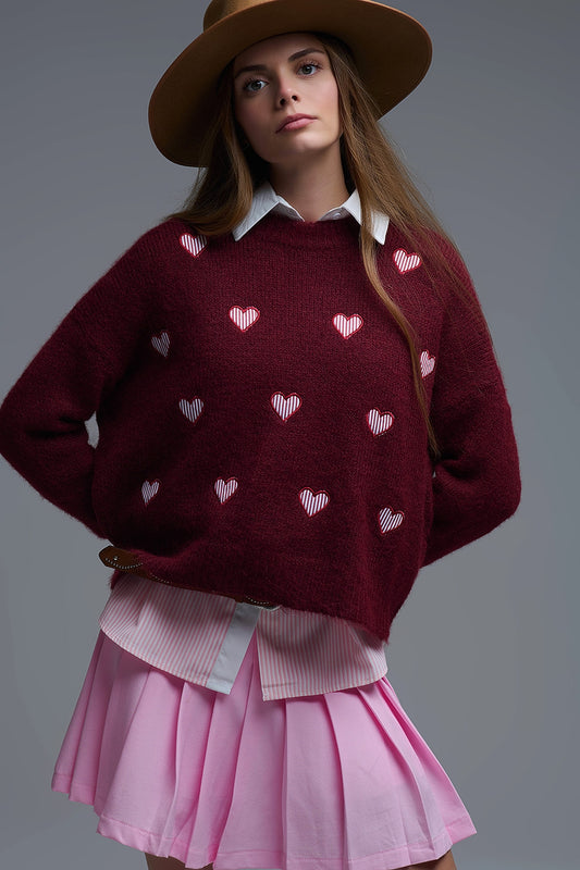 Burgundy Crew Neck Sweater With Striped Hearts - Sweaters