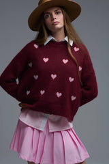 Burgundy Crew Neck Sweater With Striped Hearts