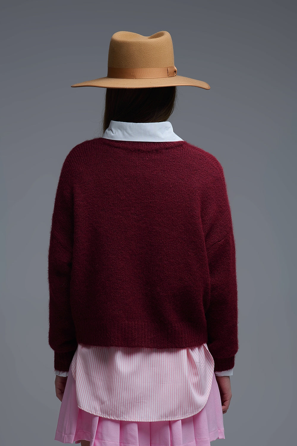 Burgundy Crew Neck Sweater With Striped Hearts - Sweaters