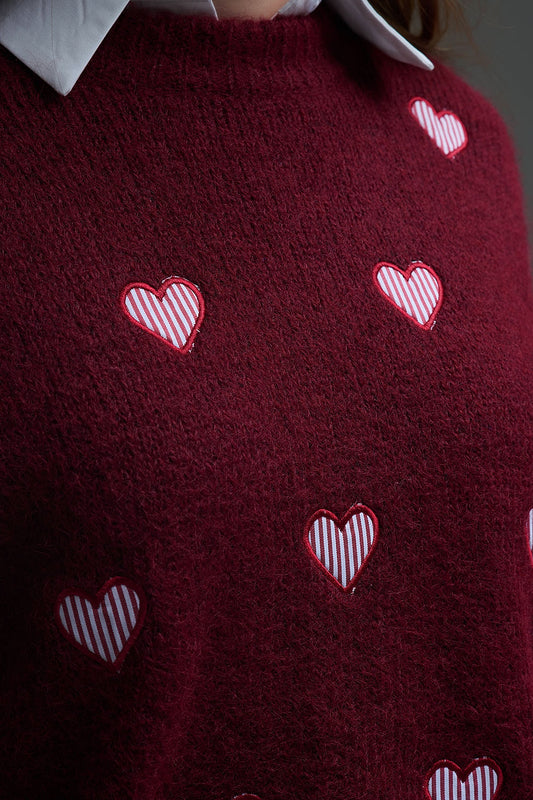 Burgundy Crew Neck Sweater With Striped Hearts - Sweaters