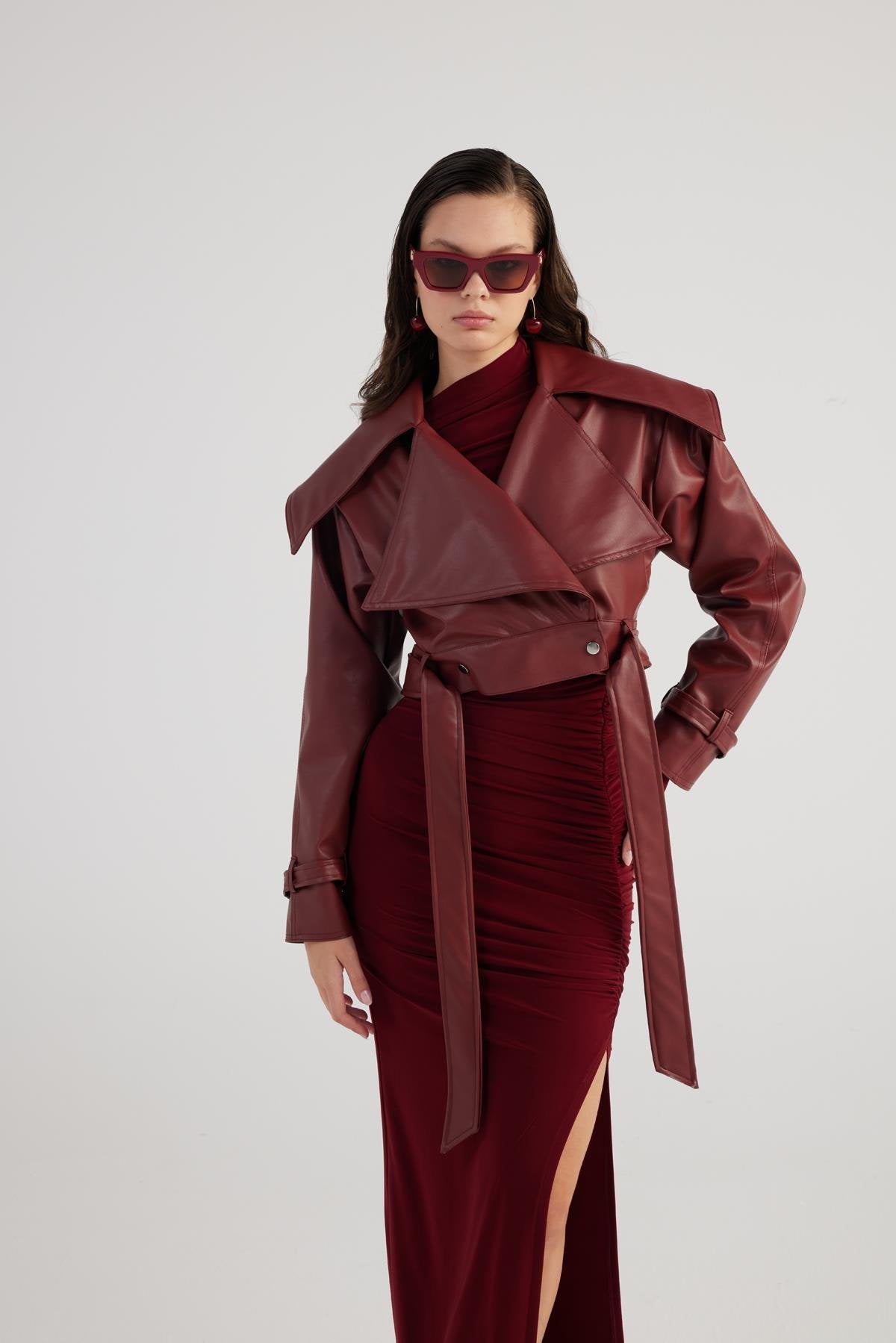 Neeko Burgundy Faux Leather Cropped Jacket - Jackets & Blazers