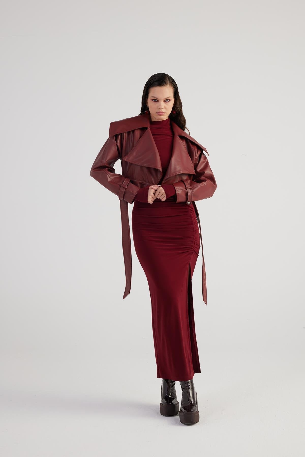 Neeko Burgundy Faux Leather Cropped Jacket - Jackets & Blazers
