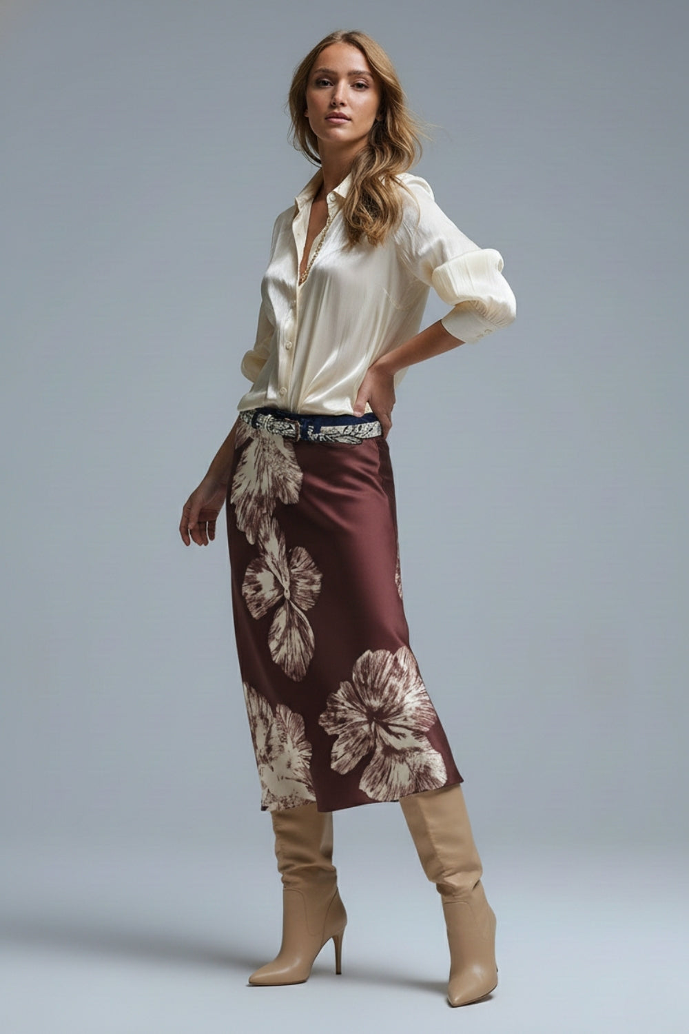 Burgundy Floral Satin Midi Skirt in satin - Skirts