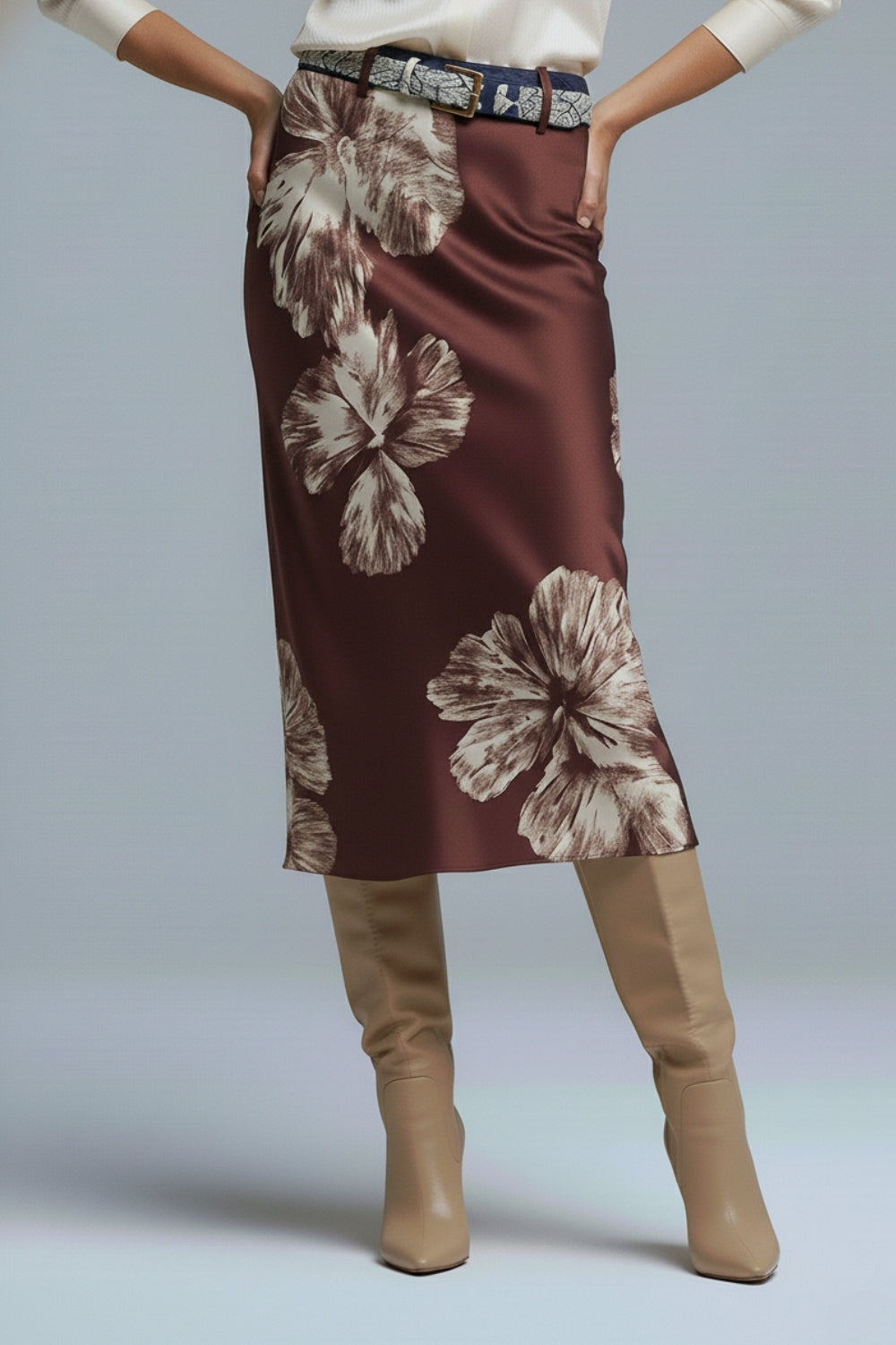 Burgundy Floral Satin Midi Skirt in satin - Skirts