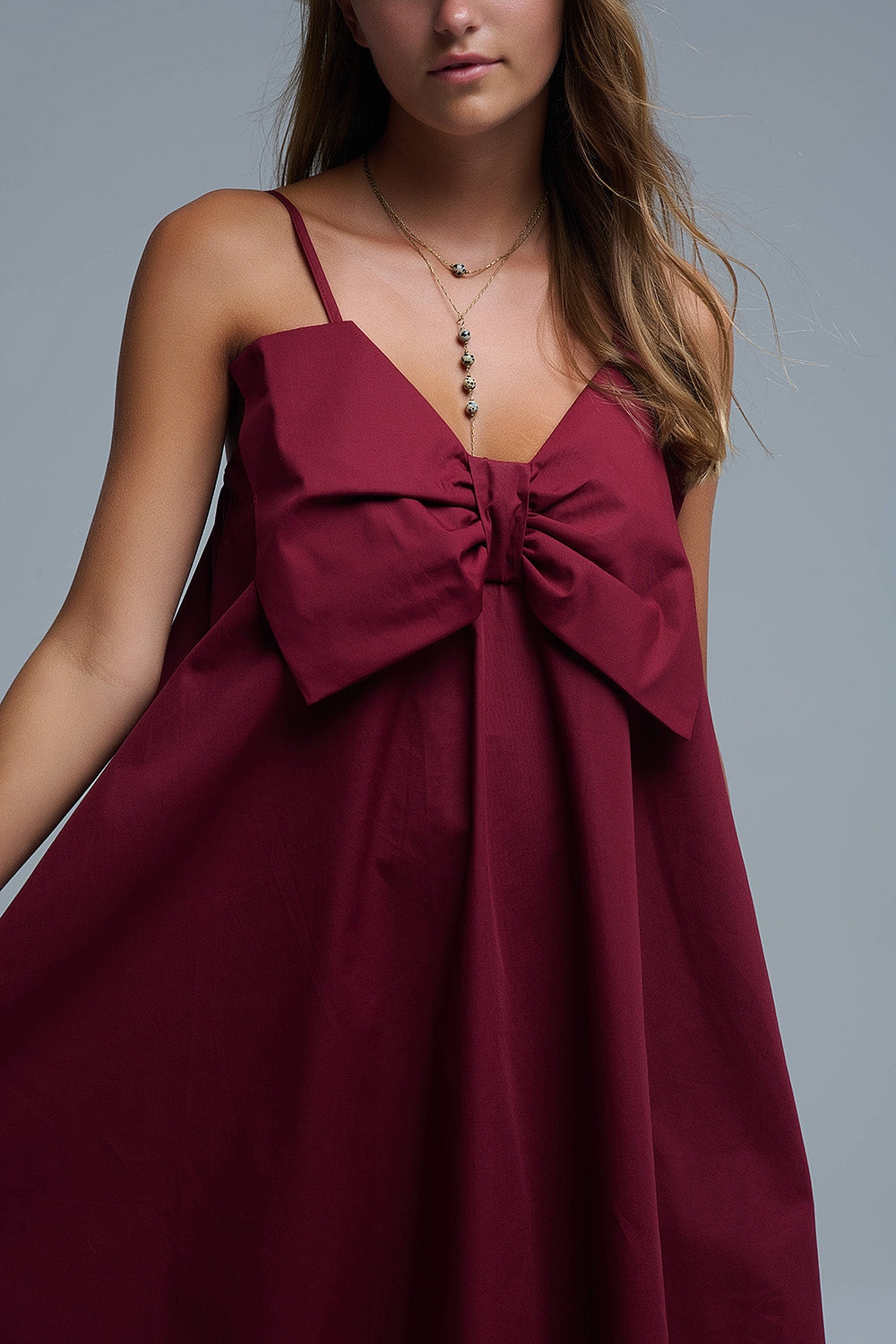 Burgundy poplin mini dress with a big bow detail - Dresses