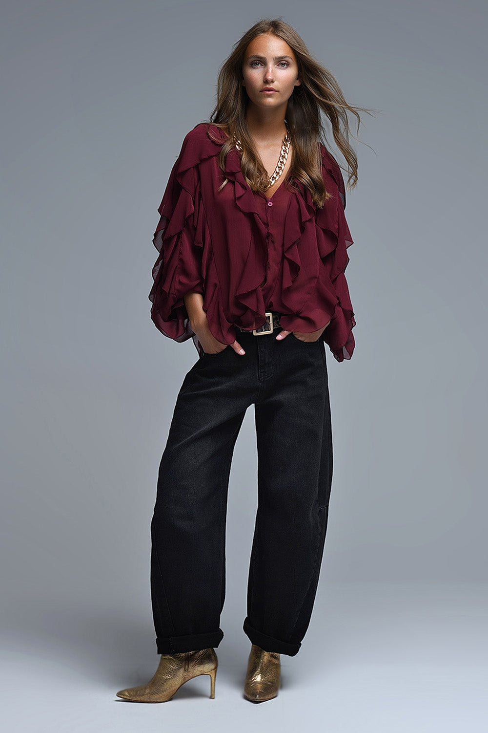 Burgundy V-Neck All Over Ruffle Blouse - Shirts