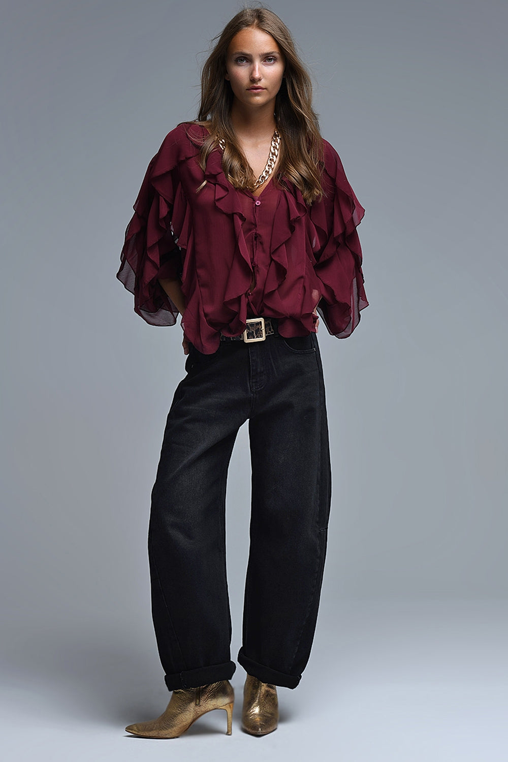 Burgundy V-Neck All Over Ruffle Blouse - Shirts