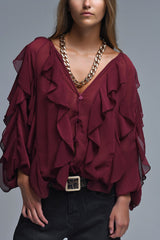 Burgundy V-Neck All Over Ruffle Blouse