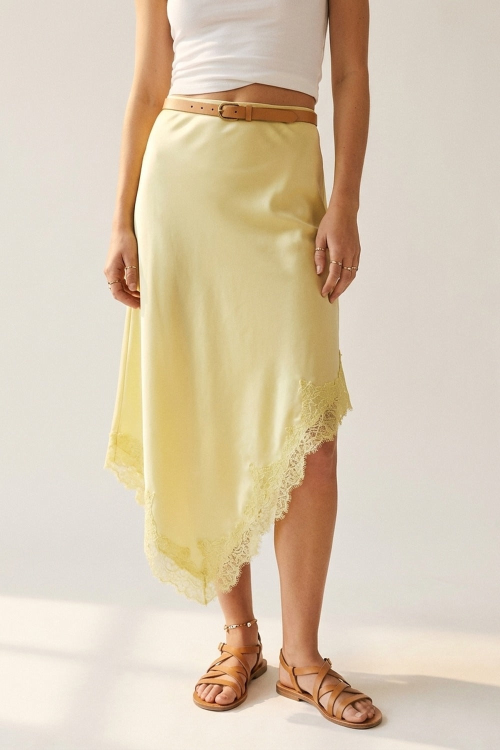 Butter Yellow Satin Handkerchief Skirt with Lace Trim - Skirts