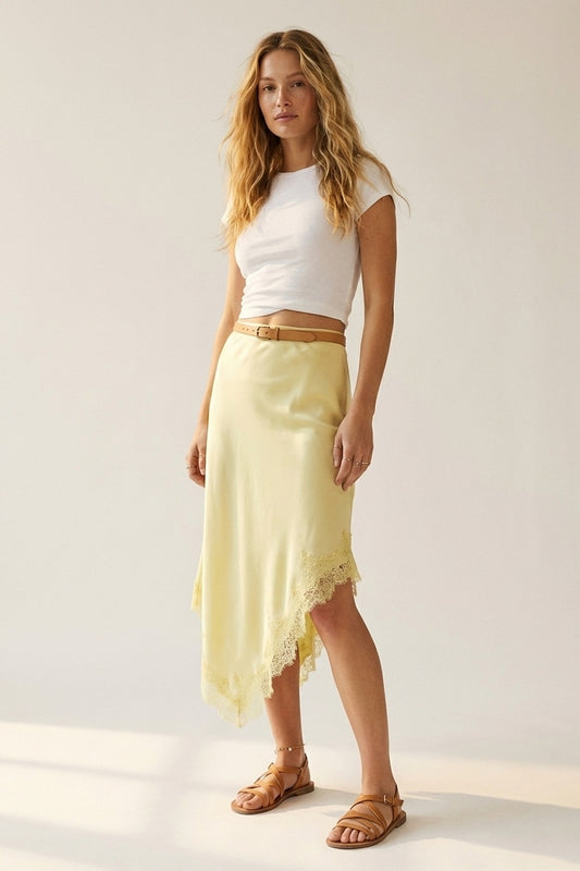 Butter Yellow Satin Handkerchief Skirt with Lace Trim - Skirts