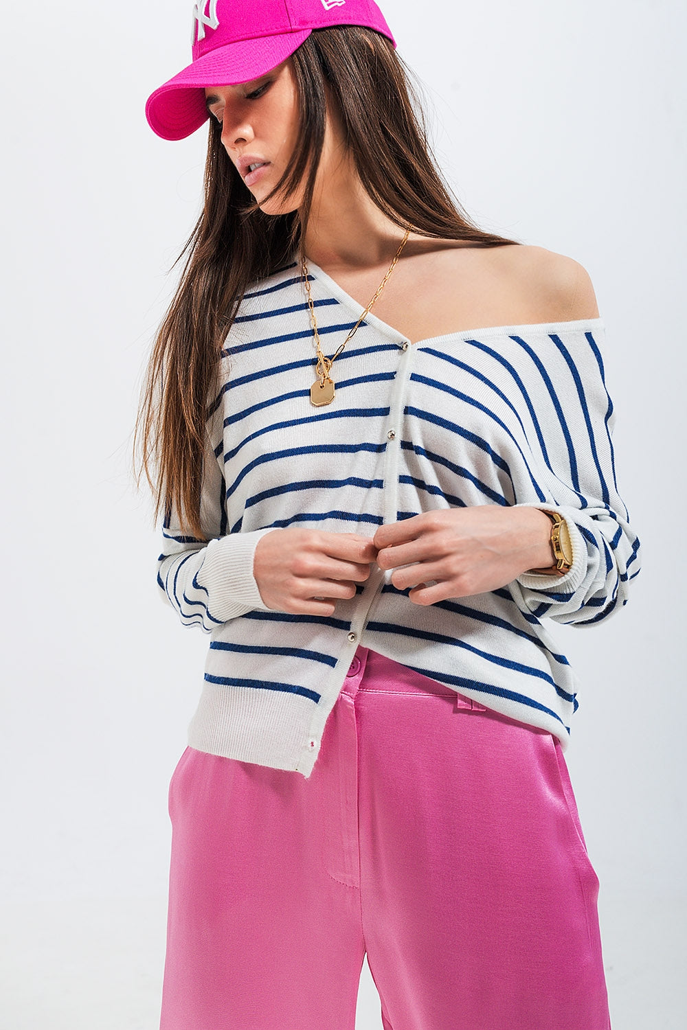 Button down cream cardigan top in stripe - Cardigans