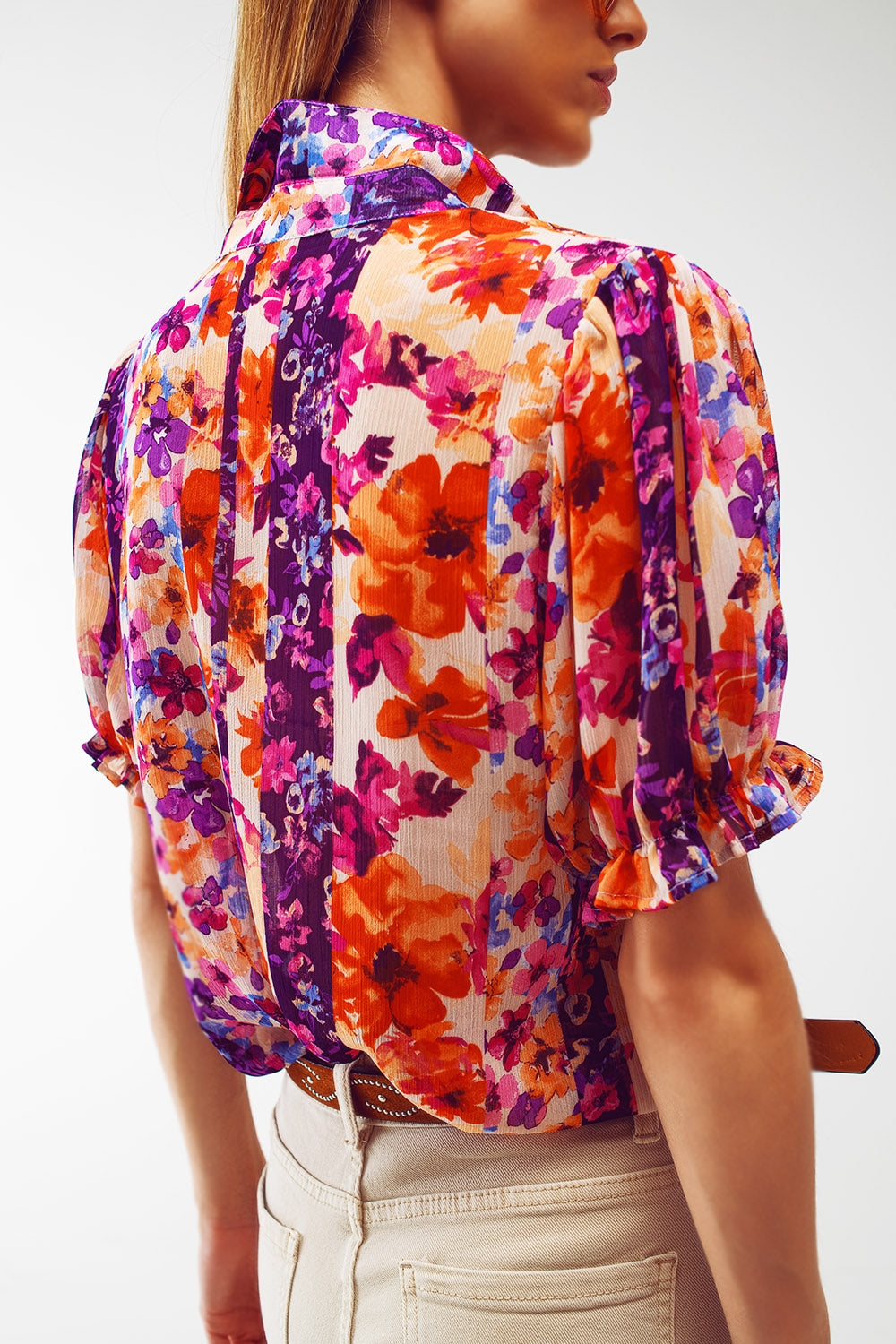 Button Down Shirt With Floral Print And Puff Short Sleeves - Shirts