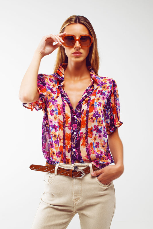 Button Down Shirt With Floral Print And Puff Short Sleeves - Shirts