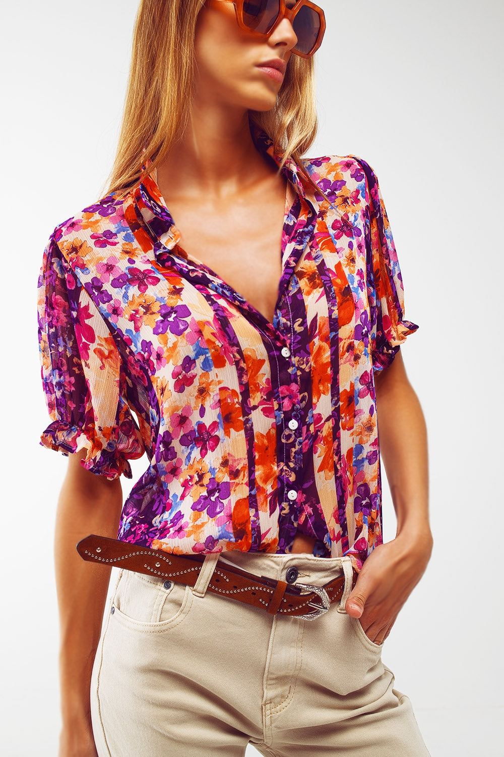 Button Down Shirt With Floral Print And Puff Short Sleeves - Shirts