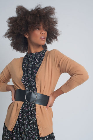 Button front cropped knit cardigan in camel