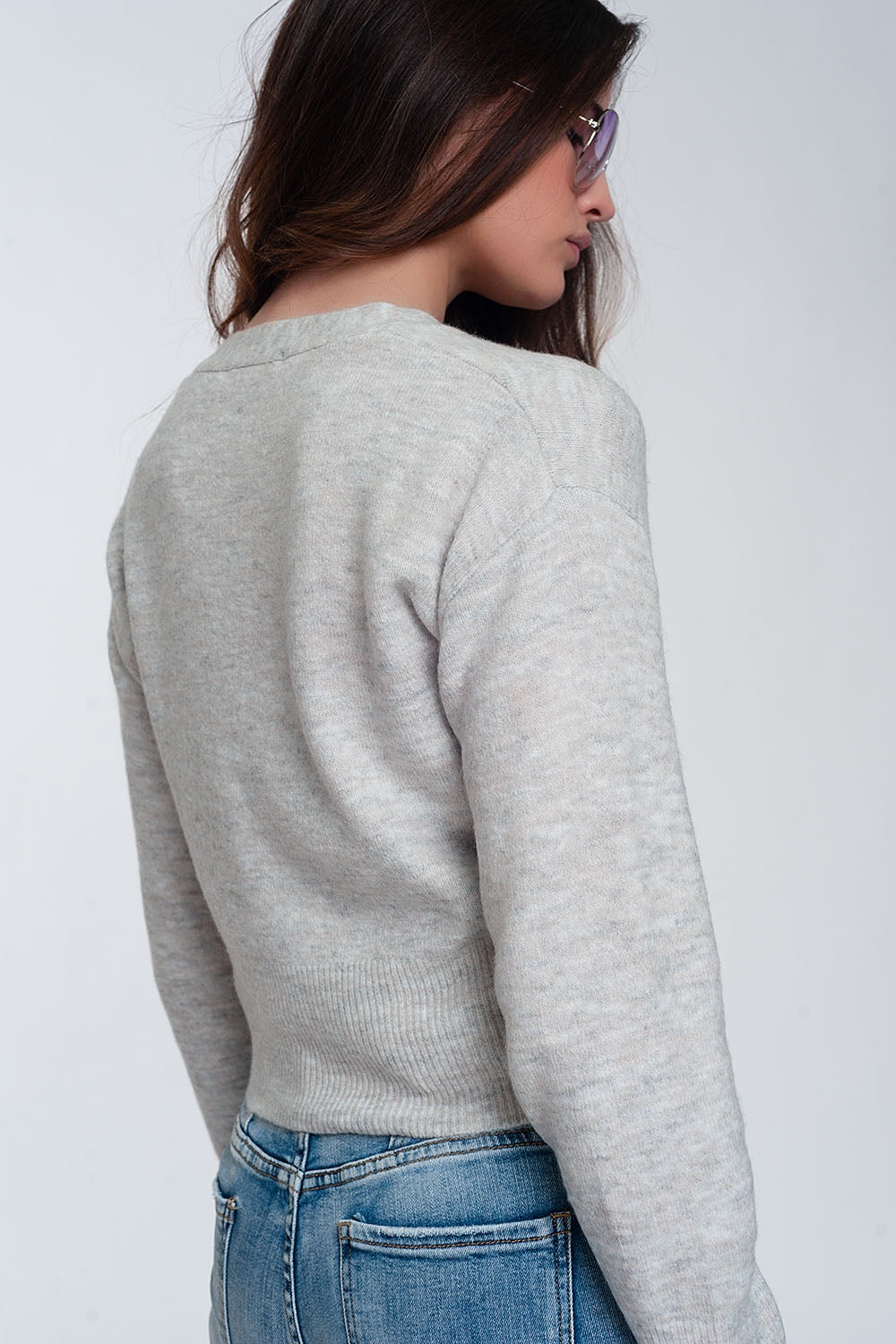 Button front cropped knit cardigan in light gray - Cardigans