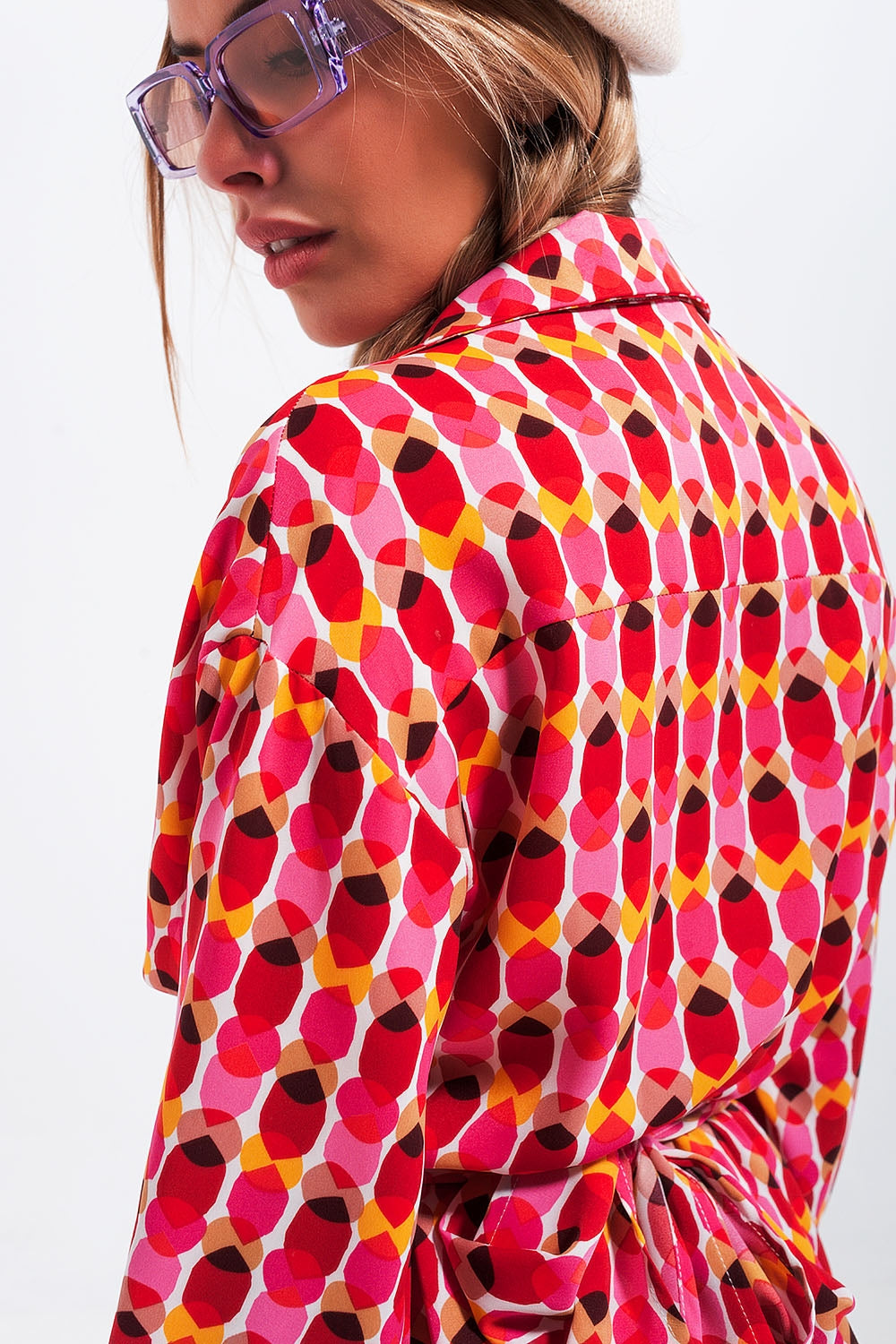 Button front tie waist printed dress in red - Dresses