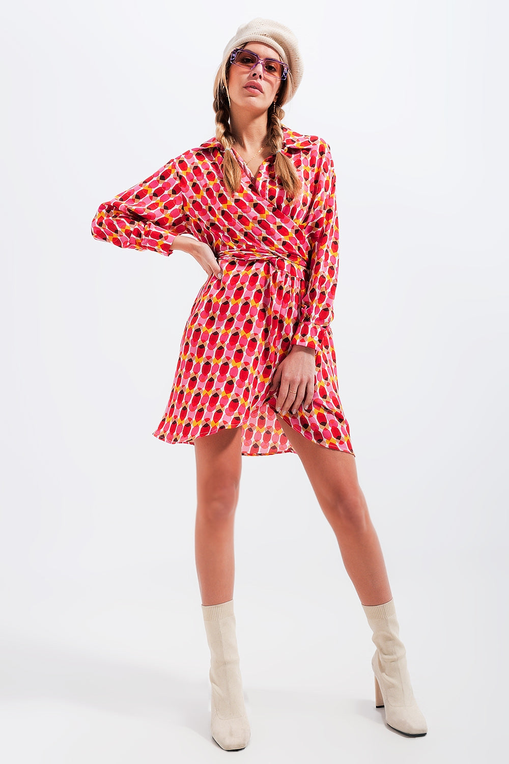 Button front tie waist printed dress in red - Dresses