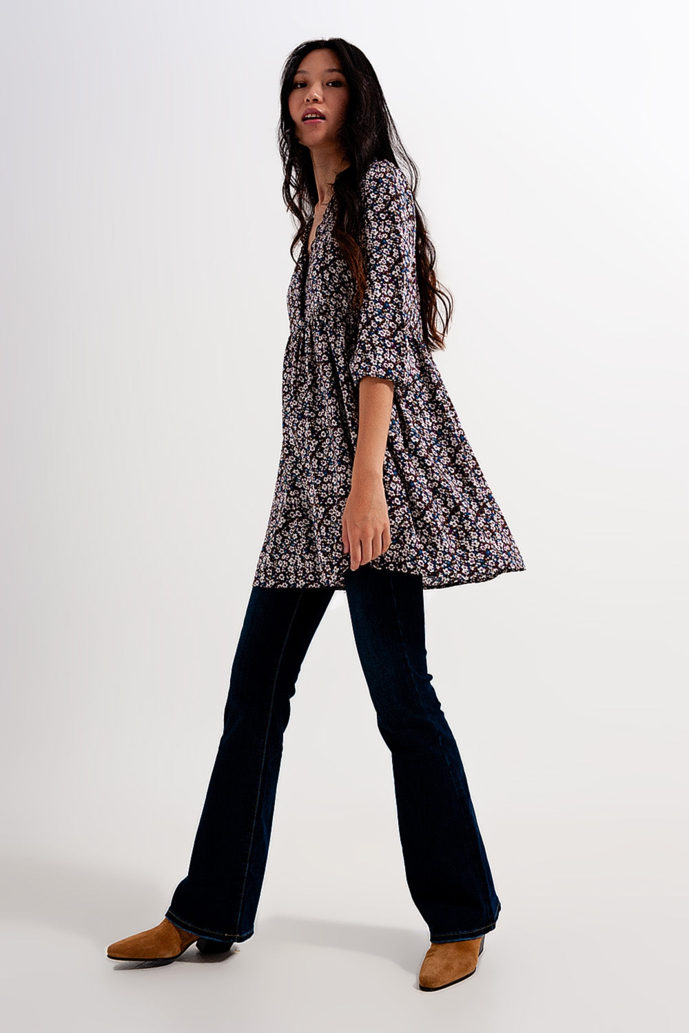 Button through mini dress in brown floral - Dresses