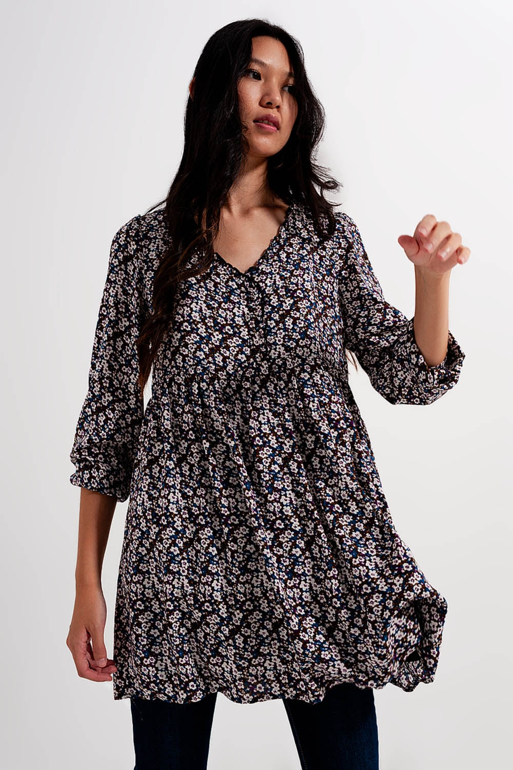 Button through mini dress in brown floral - Dresses