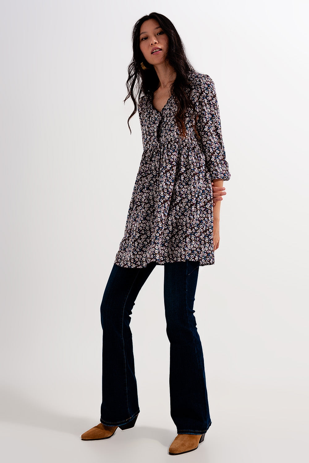 Button through mini dress in brown floral - Dresses