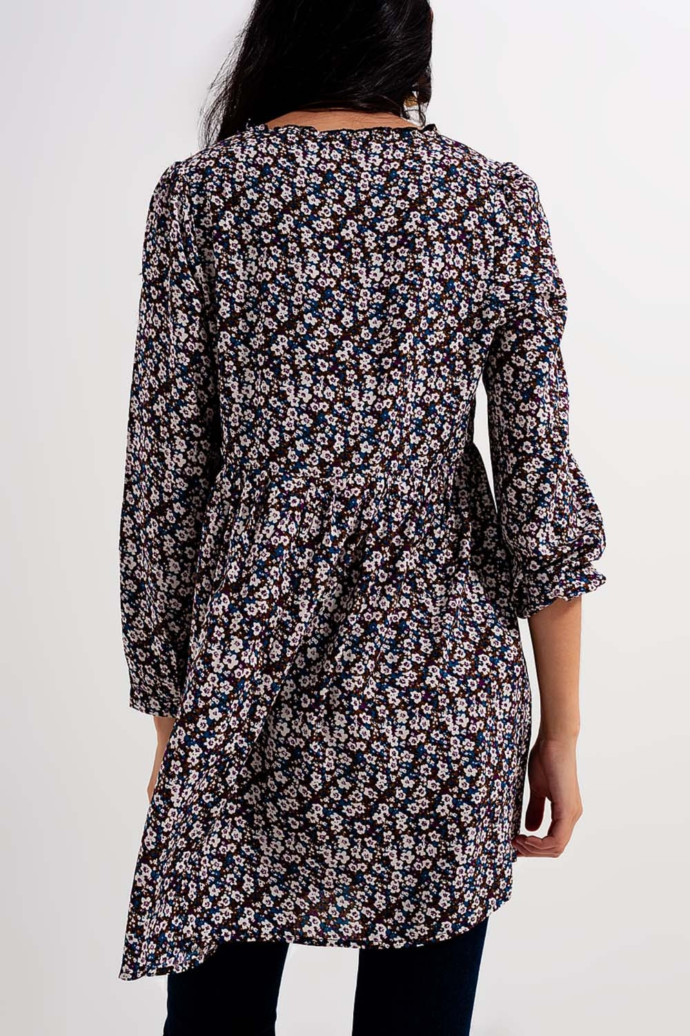 Button through mini dress in brown floral - Dresses