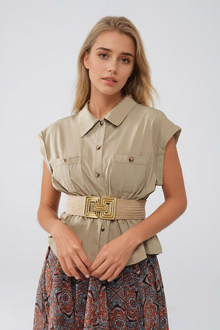 Button Up Khaki Shirt With Chest Pockets