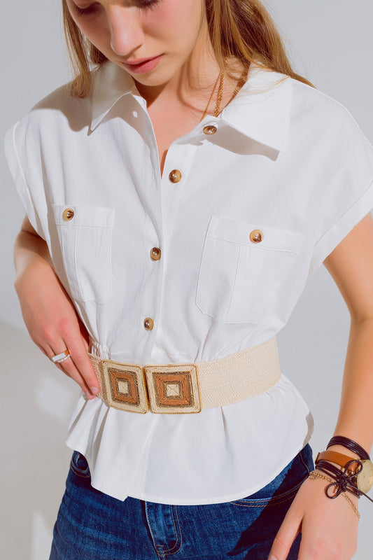 Button Up White Shirt With Chest Pockets - Shirts