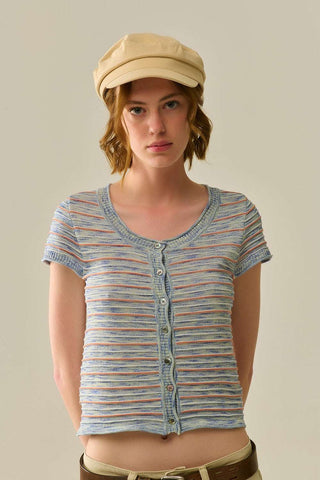 Buttoned Sweater In Blue Featuring Orange Stripes