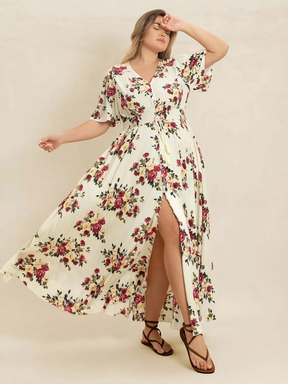 Plus Size Floral Flutter Sleeve Maxi Dress with Button Front -