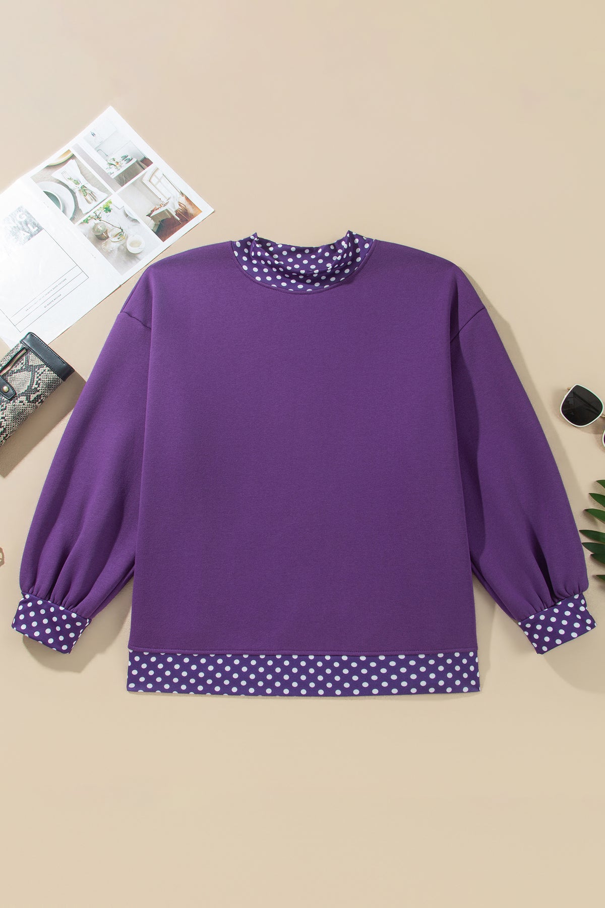Tillandsia Purple Polka Dot Patchwork Round Neck Plus Size Sweatshirt