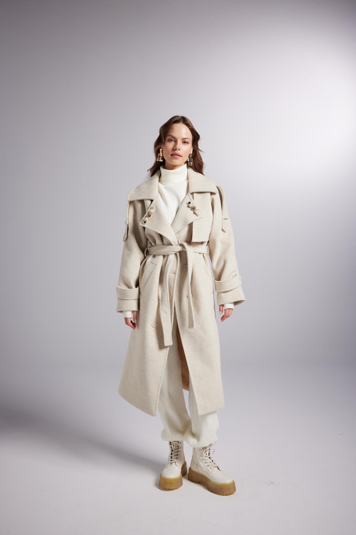 Accessorized Wool Blended Cashmere Maxi Woody Ecru Coat Ecru Cashmere - Trench Coats