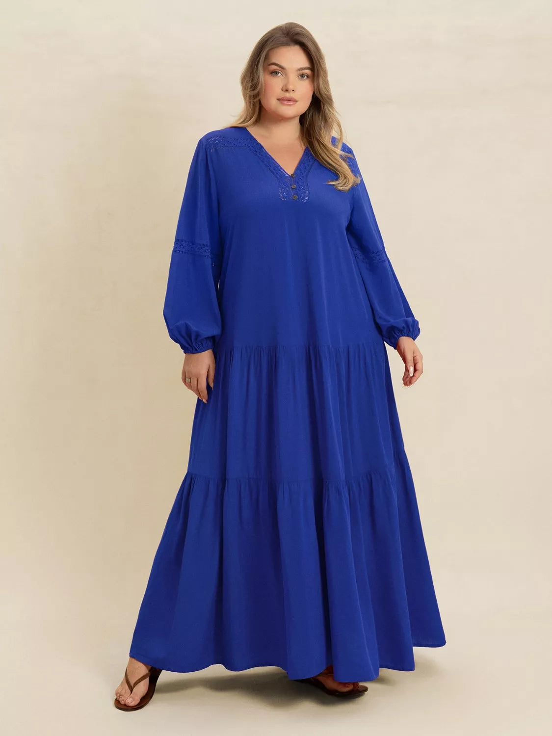 Plus Size Bohemian Tiered Maxi Dress with Balloon Sleeves - Dresses