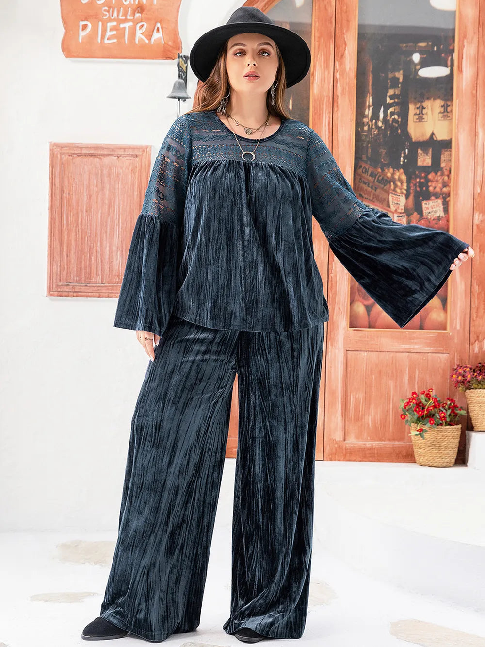 Plus Size Round Neck Flare Sleeve Top and Pants Set -