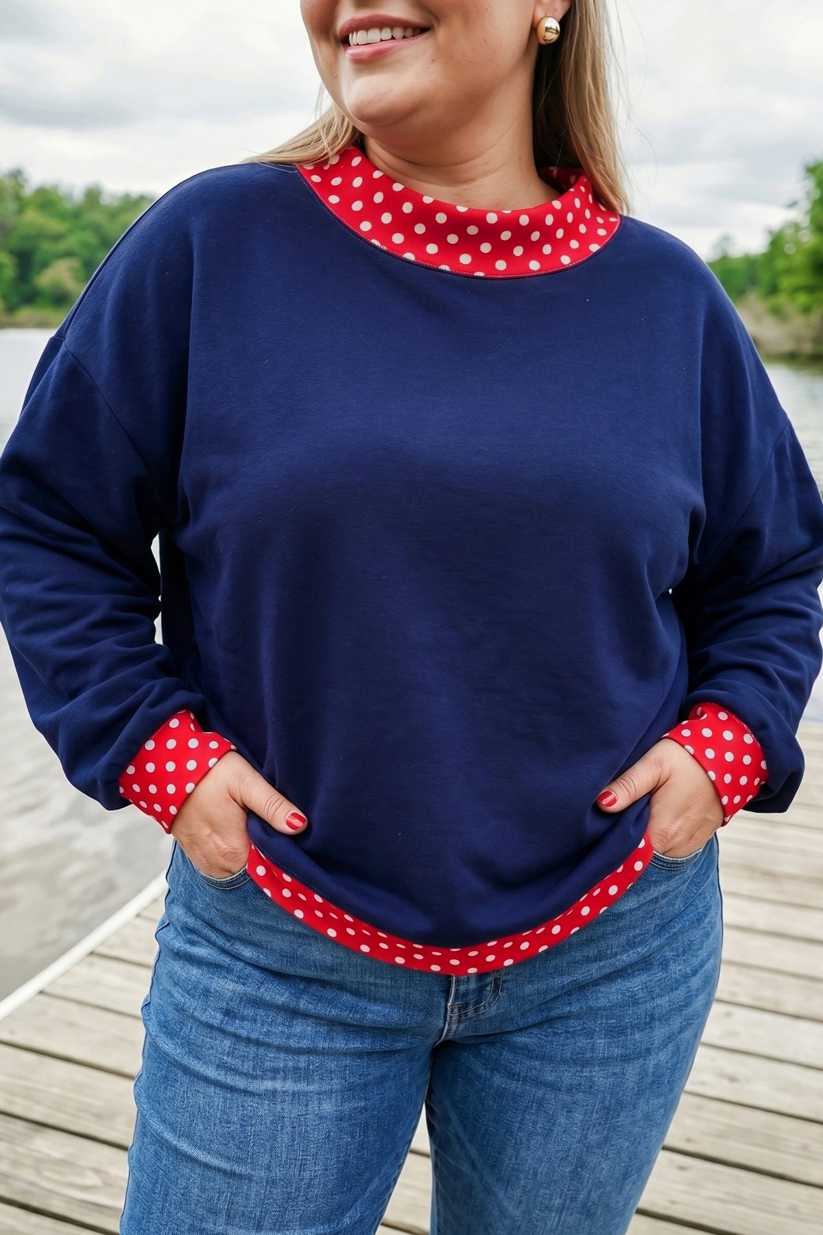 Tillandsia Purple Polka Dot Patchwork Round Neck Plus Size Sweatshirt - Plus Size/Plus Size Sweatshirts & Hoodies