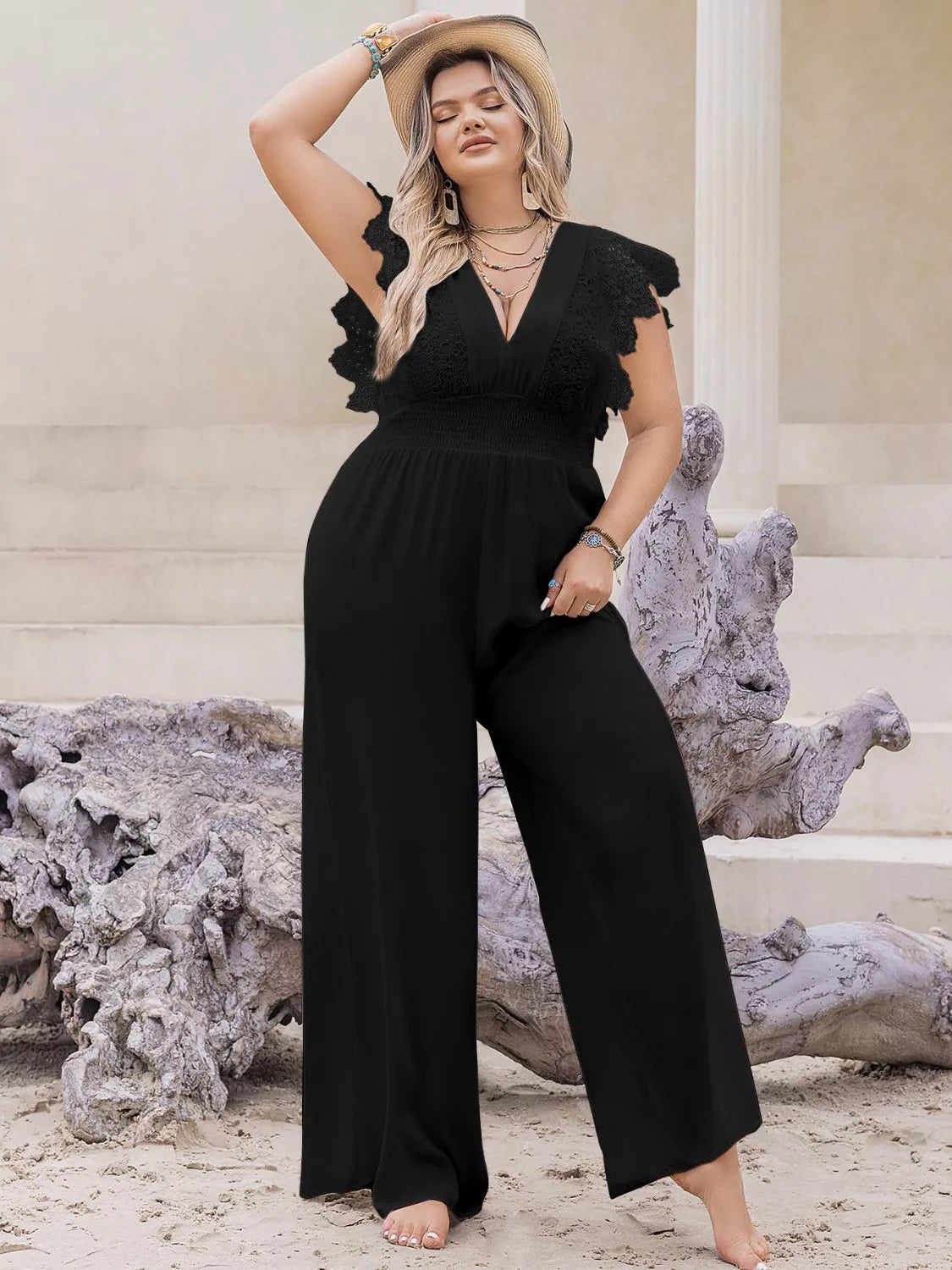 Plus Size Lace Cap Sleeve Wide Leg Jumpsuit -