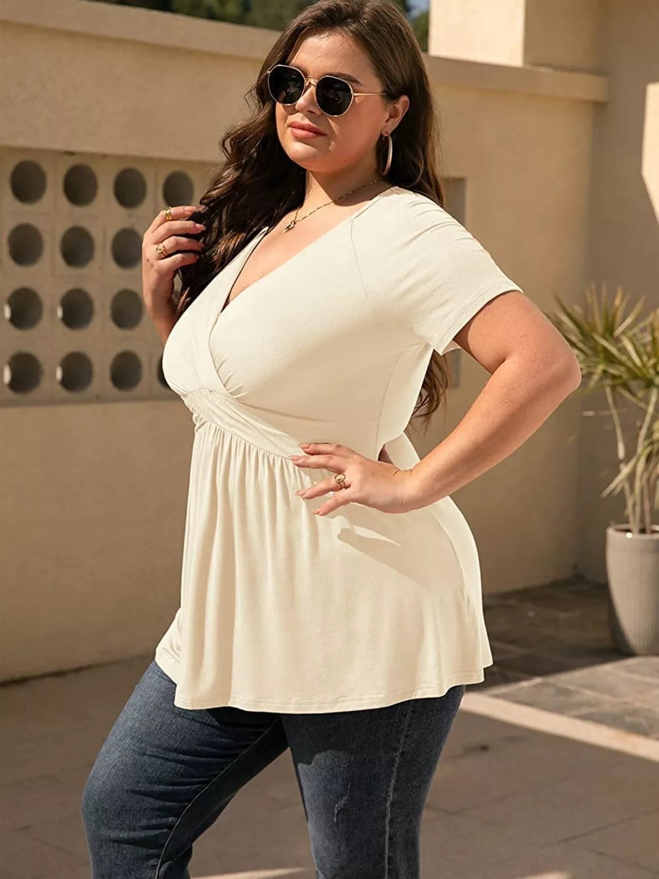 Plus Size Surplice Short Sleeve T-Shirt Apricot -