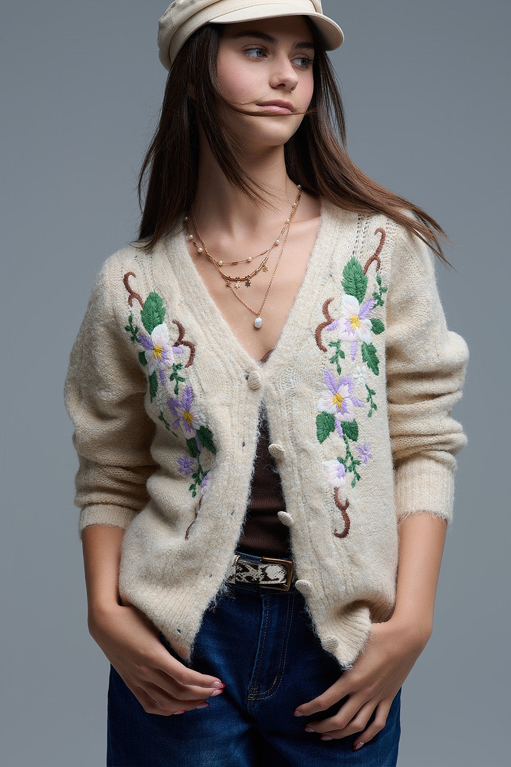 Cable Knit Beige Cardigan With embroidered Flowers - Sweaters