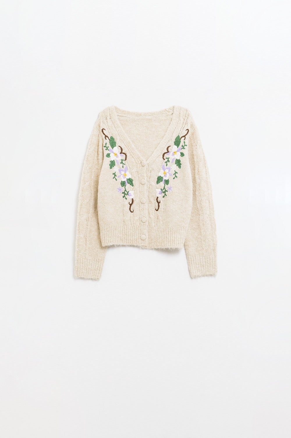 Cable Knit Beige Cardigan With embroidered Flowers - Sweaters