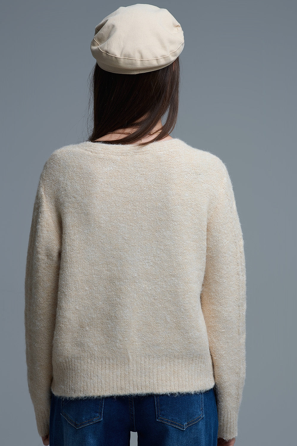 Cable Knit Beige Cardigan With embroidered Flowers - Sweaters