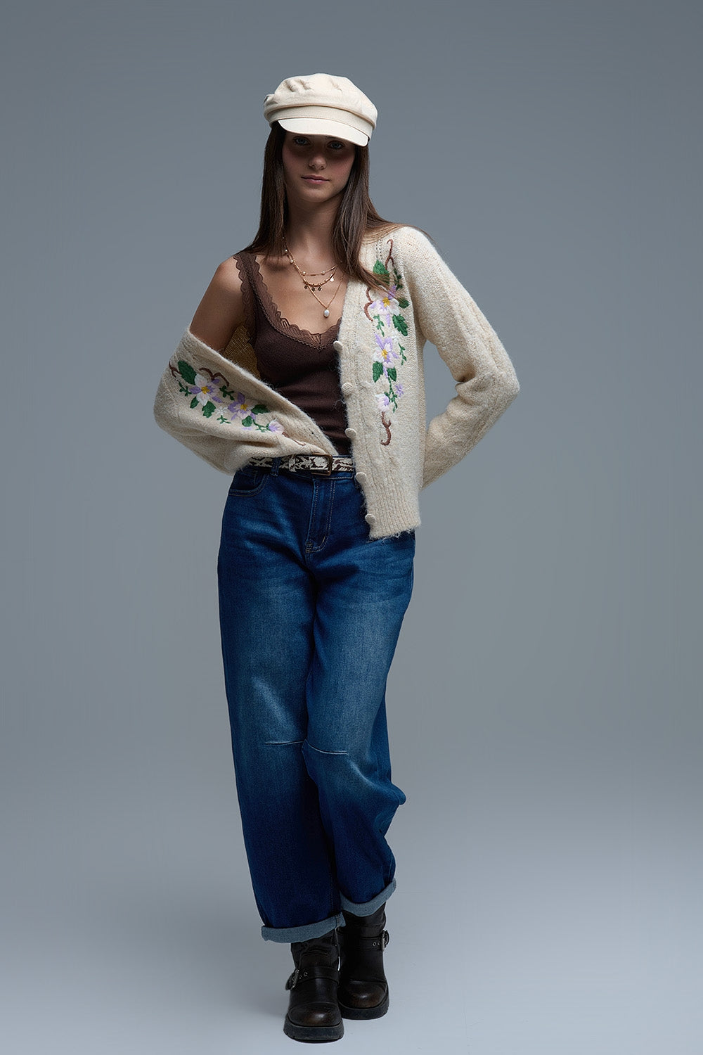 Cable Knit Beige Cardigan With embroidered Flowers - Sweaters