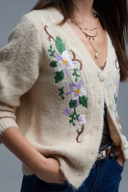 Cable Knit Beige Cardigan With embroidered Flowers - Sweaters
